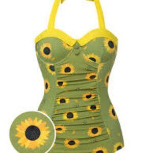 Retro Green 1930s Sunflowers Halter Swimsuit Size XL New